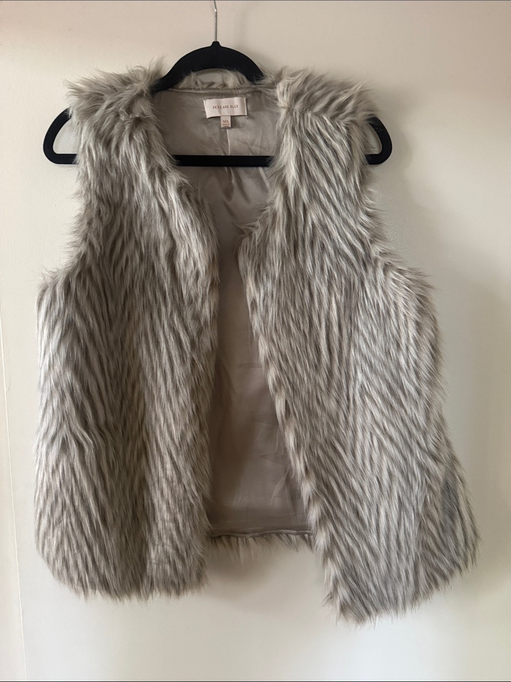Skies Are Blue Light Gray Faux Fur Open Vest